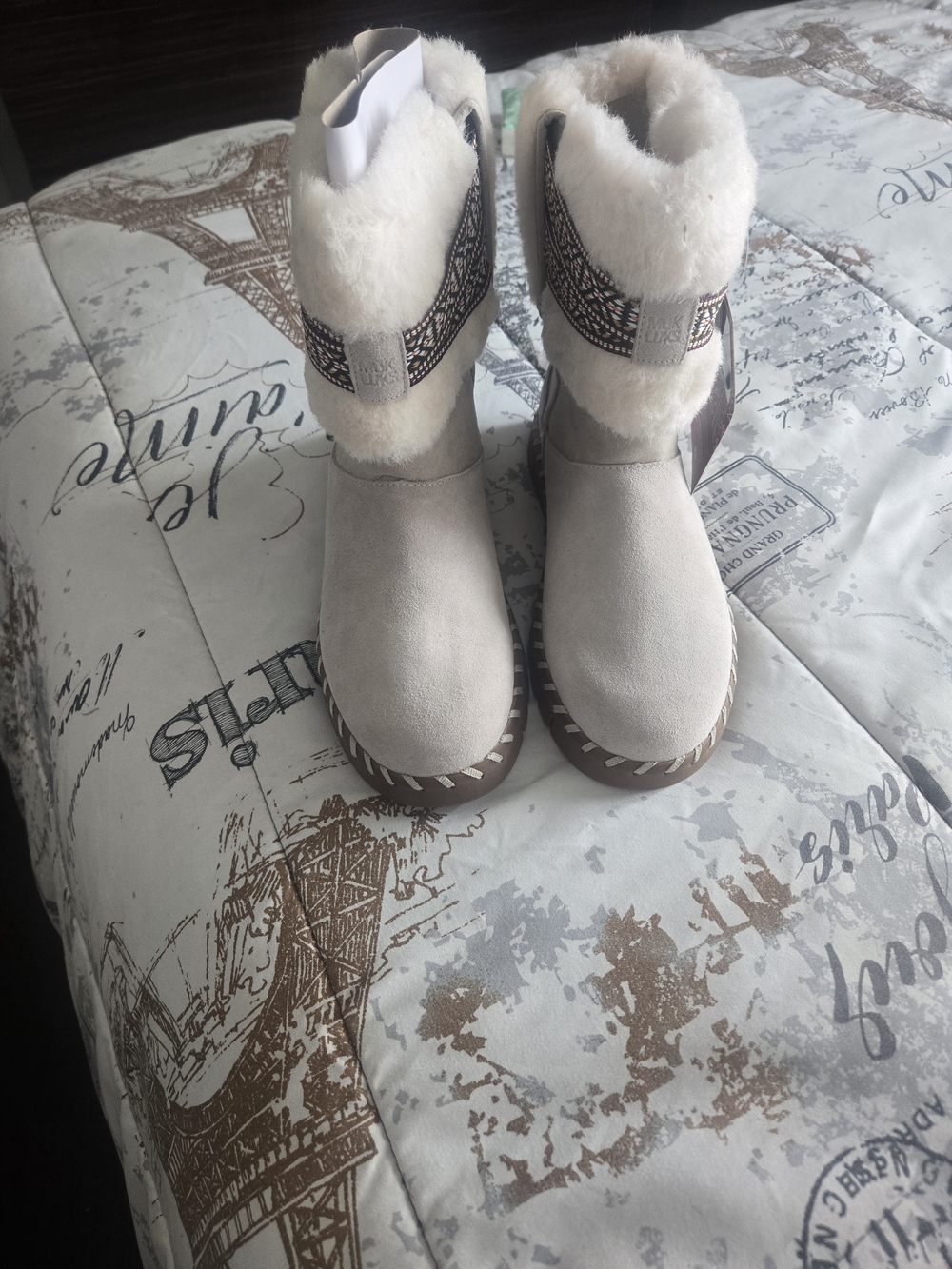Muk Luks Cream Faux-Suede Shearling Cuff Winter Boots with Patterned Trim - Picture 3 of 3